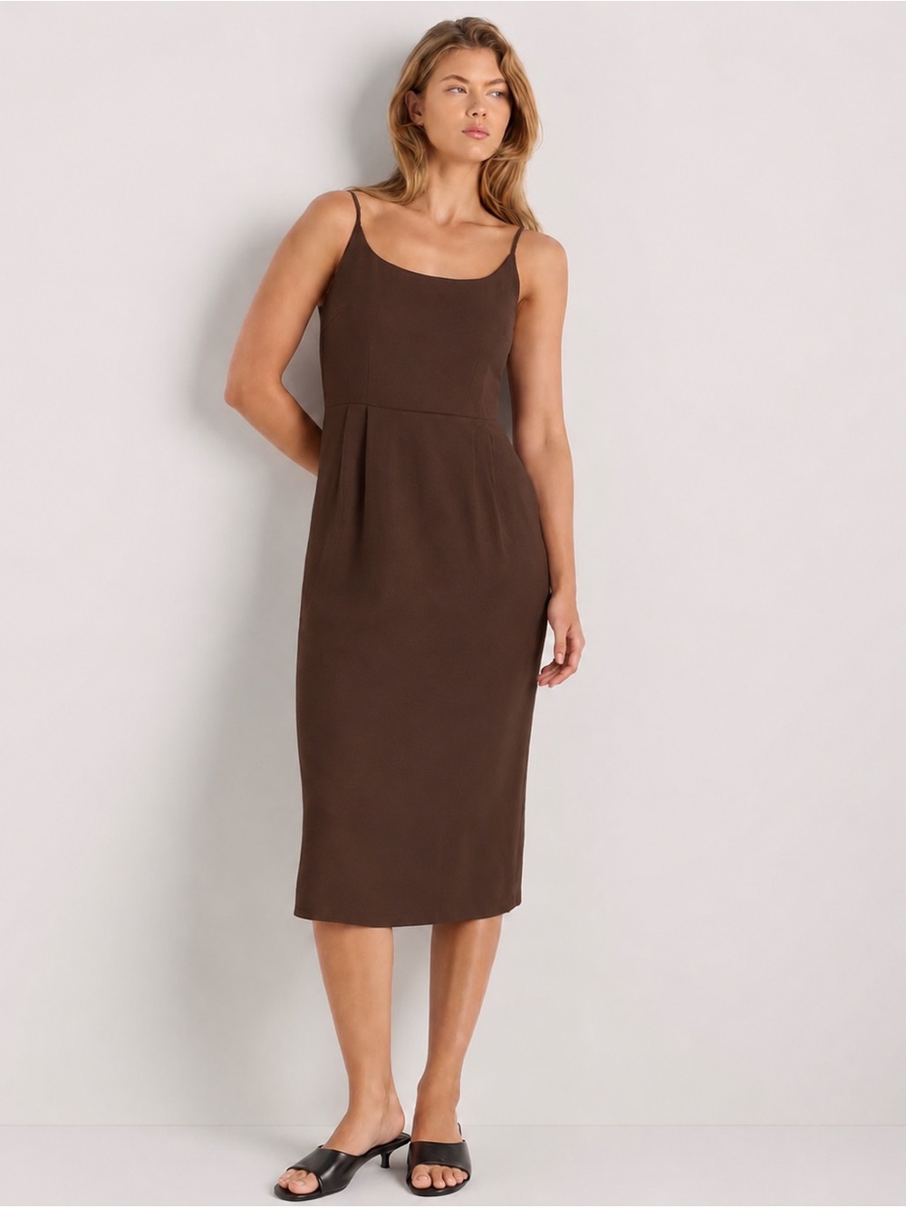 Quince 100% European Linen Scoop Neck Midi Dress Chocolate Euro Summer Cottage